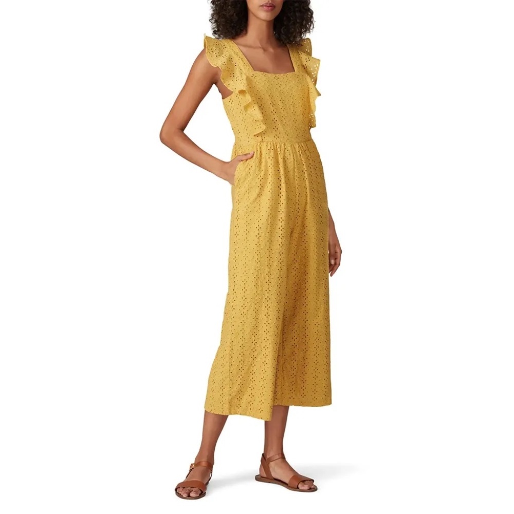 MINKPINK Mustard Eyelet Ruffle Strap Wide-Leg Jumpsuit